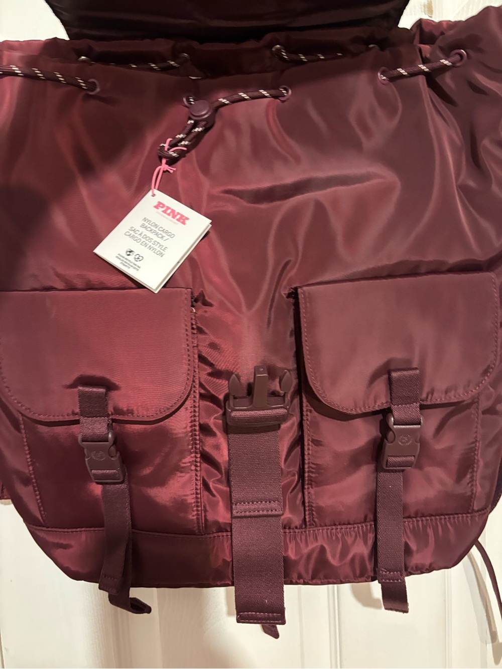 ‼️NWT-PINK Victoria's Secret Nylon Cargo Backpack - Maroon with Pink Accent.‼️